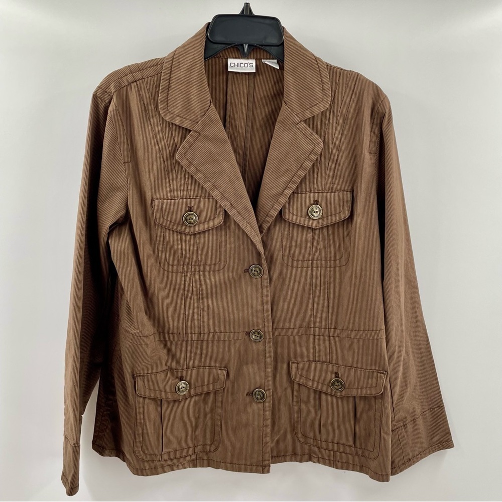 Chicos Striped Tailored Fit Pockets Button Notch Collar Cotton Blazer Jacket